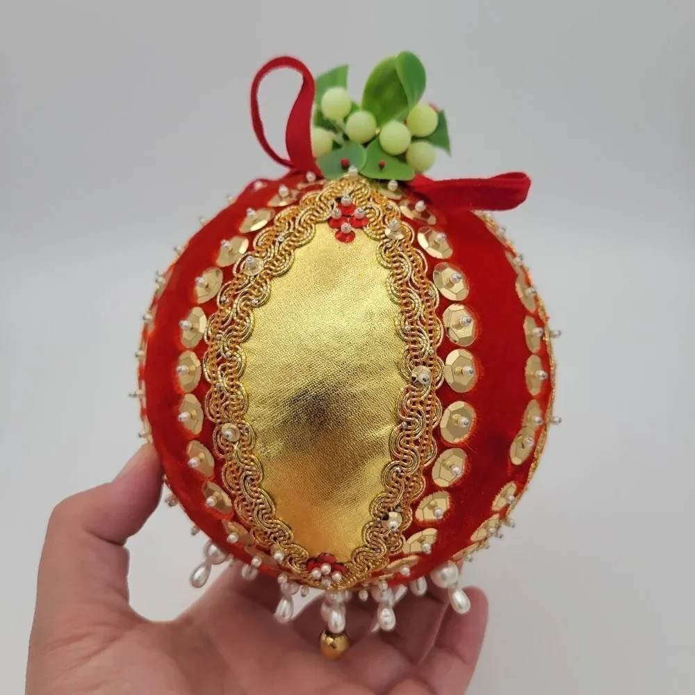 Elegant Vintage Red and Gold Pusg Pin Beaded Sequin MCM Extra Large Ornament